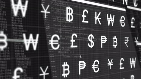 Animation-of-interface-with-multiple-currency-symbols-against-black-background