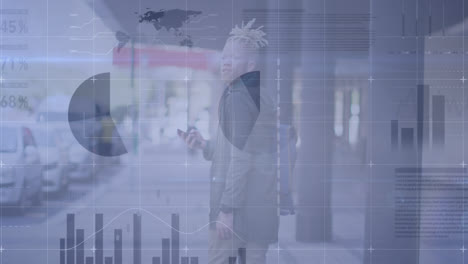 Animation-of-statistical-data-processing-over-albino-man-with-smartphone-walking-on-the-street