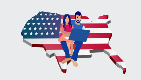 Animation-Von-Vater-Und-Tochter-über-Einer-Karte-Mit-Der-Flagge-Der-Vereinigten-Staaten-Von-Amerika-Auf-Weißem-Hintergrund