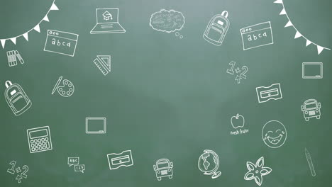 Animation-of-multiple-school-concept-icons-against-green-chalkboard-background-with-copy-space