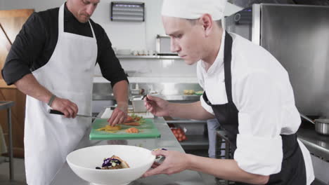 Two-caucasian-male-chefs-cutting-and-decorating-meal-in-kitchen,-slow-motion