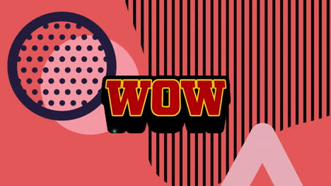 Animation-of-wow-text-on-retro-speech-bubble-over-abstract-shapes-against-pink-background