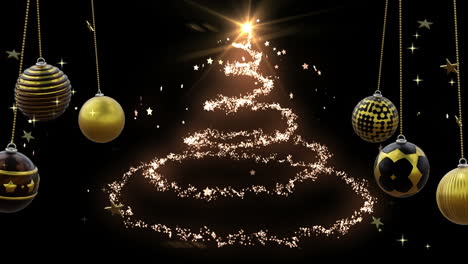 Black-and-gold-baubles-swinging-and-shooting-star-making-christmas-tree-shape-on-black-background