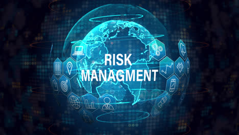 Animation-of-risk-managment-text-with-icons-over-globe-on-black-background