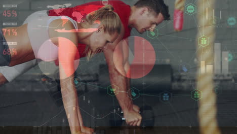 Animation-of-statistical-data-processing-over-caucasian-fit-couple-working-out-with-dumbbells-at-gym
