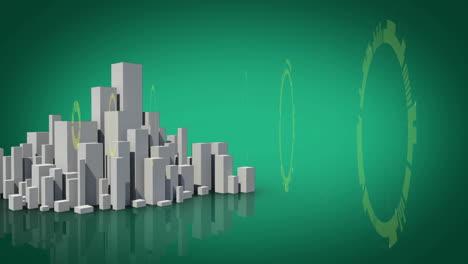 Animation-of-round-scanners-spinning-over-3d-city-model-against-green-background-with-copy-space