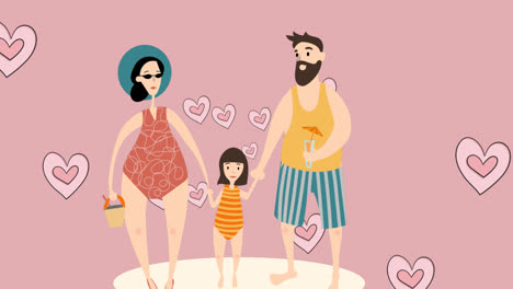Animation-of-caucasian-parents-with-daughter-in-beach-wear-over-pink-background-with-hearts