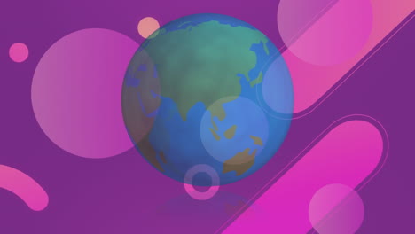 Animation-of-spinning-globe-over-abstract-shapes-on-purple-gradient-background-with-copy-space
