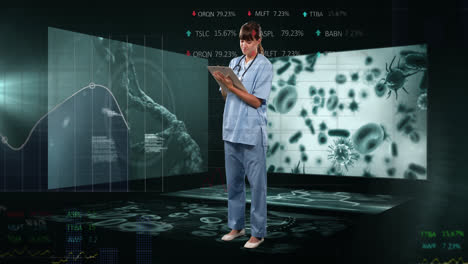 Animation-of-data-processing-over-caucasian-female-doctor-with-clipboard