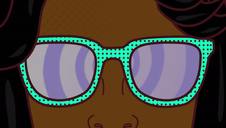 Animation-of-retro-woman's-face-with-purple-pattern-in-sunglasses
