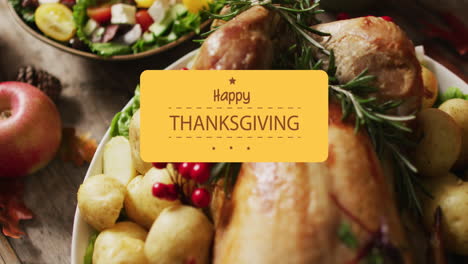 Animation-of-happy-thanksgiving-over-dinner-on-table-background