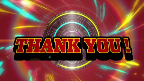 Animation-of-thank-you-text-banner-over-light-trails-and-round-scanner-against-red-background
