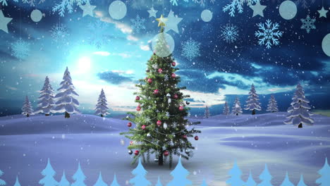 Animation-of-snow-falling-on-hanging-decorations-over-christmas-tree-on-winter-landscape