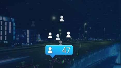Animation-of-profile-icon-with-increasing-numbers-against-time-lapse-of-night-city-traffic