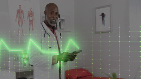 Animation-of-cardiograph-over-happy-african-american-male-doctor-with-tablet