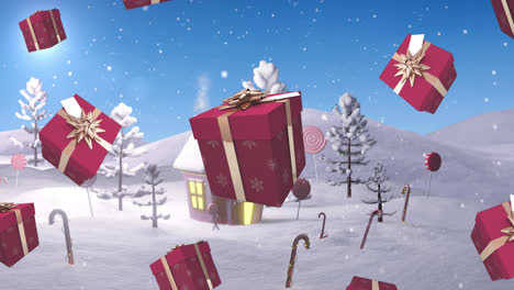Animation-Von-Weihnachtsgeschenken-über-Haus-Und-Winterlandschaft
