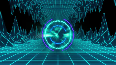 Animation-of-neon-circle-with-light-over-digital-space-with-waves