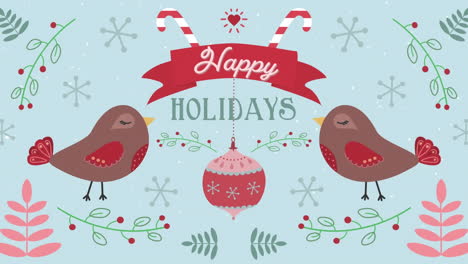 Animation-of-happy-holidays-text-banner-with-bird-icons-and-floral-pattern-design-on-blue-background