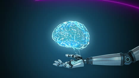 Animation-Des-Menschlichen-Gehirns,-Das-Sich-über-Einem-Roboterarm-Dreht,-Vor-Violetten-Lichtspuren-Auf-Blauem-Hintergrund