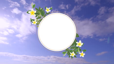 Animation-Eines-Kreisförmigen-Rahmens-Mit-Floralem-Design-Und-Platz-Zum-Kopieren-Vor-Wolken-Am-Blauen-Himmel