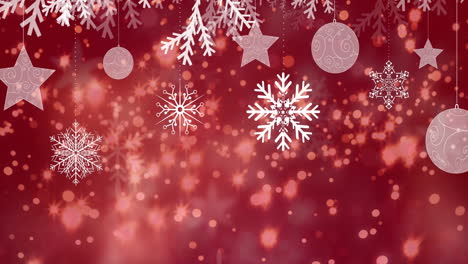 Animation-of-lens-flares,-leaves,-snowflakes,-hanging-baubles-and-stars-over-red-background