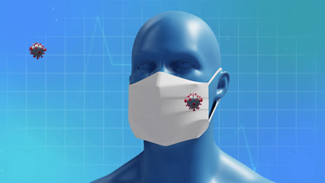 Animation-of-cardiograph-and-virus-cells-with-man-with-face-mask-on-blue-background