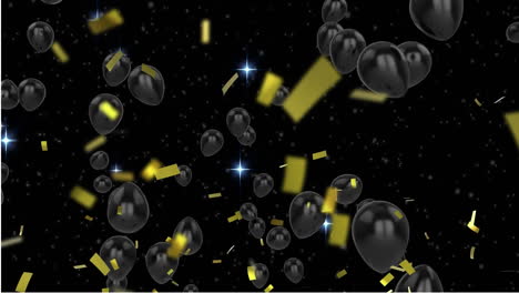 Animation-of-golden-confetti-falling-and-balloons-floating-against-shining-stars-on-black-background