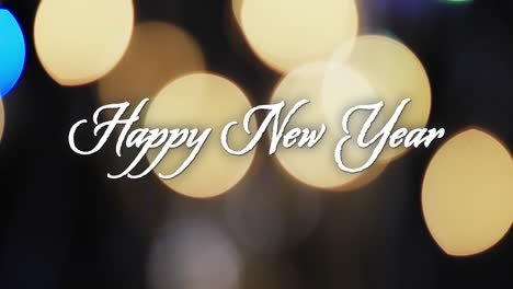 Animation-of-happy-new-year-text-over-yellow-spots-of-light-background