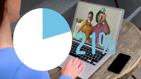 Animation-of-pie-graph-filling-up-icon-with-increasing-percentage-over-woman-having-video-call