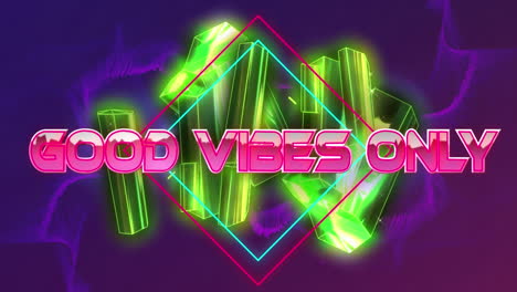 Animation-of-good-vibes-only-text-banner-over-golden-crystal-shapes-against-purple-digital-waves