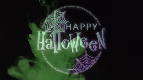 Animation-of-happy-halloween-text-and-spiderwebs-over-green-and-black-background