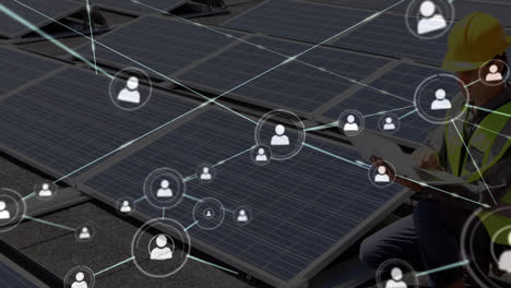 Animation-of-network-of-connections-over-caucasian-man-installing-solar-panels