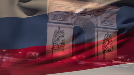 Animation-Der-Flagge-Russlands,-Die-über-Dem-Arc-De-Triomphe-In-Paris-Weht