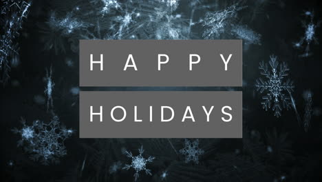 Animation-of-happy-holidays-text-banner-over-snowflakes-falling-against-black-background
