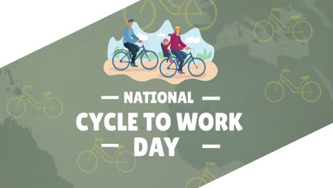 Animation-of-national-cycle-to-work-day-text-with-bicycle-icons-on-green-background