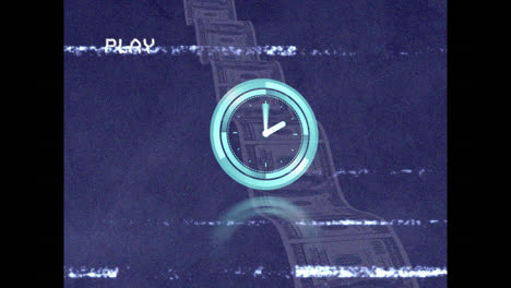 Animation-of-vhs-glitch-effect-over-neon-ticking-clock-and-us-dollar-bills-against-blue-background