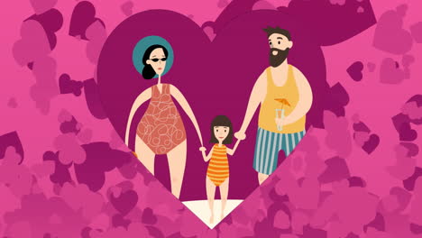 Animation-of-multiple-hearts-over-happy-family-with-daughter-at-beach-on-pink-background