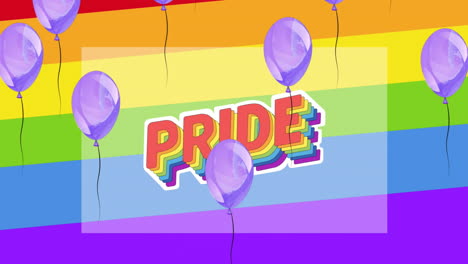 Animation-Von-Violetten-Luftballons,-Die-über-Einem-Pride-Text-Auf-Einem-Regenbogenstreifen-Hintergrund-Schweben