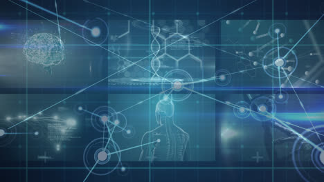 Animation-of-scientific-data-on-screens,-dna-and-connections-over-blue-background