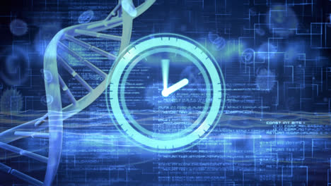Animation-Einer-Tickenden-Uhr,-DNA-Struktur,-Datenverarbeitung-Und-Digitalen-Wellen-Auf-Blauem-Hintergrund