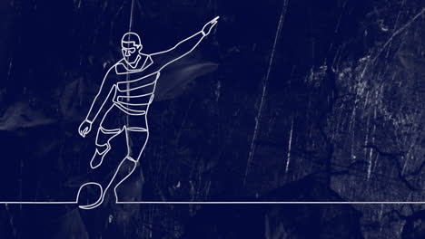 Animación-Del-Dibujo-De-Un-Jugador-De-Rugby-Masculino-Pateando-Una-Pelota-Y-Formas-Sobre-Fondo-Azul