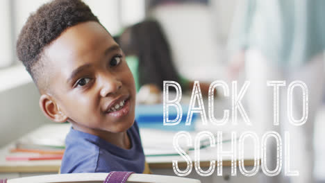 Animation-of-back-to-school-text-over-happy-african-american-schoolboy-at-school