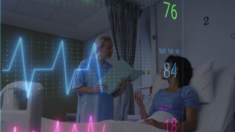Animation-of-heart-rate-monitor-over-diverse-female-doctor-talking-to-female-patient-at-hospital