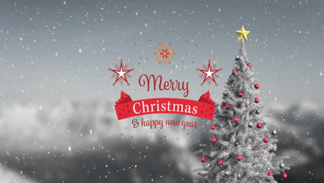 Animation-of-merry-christmas,-happy-new-year-text,-snowfall-on-decorated-christmas-tree-over-clouds