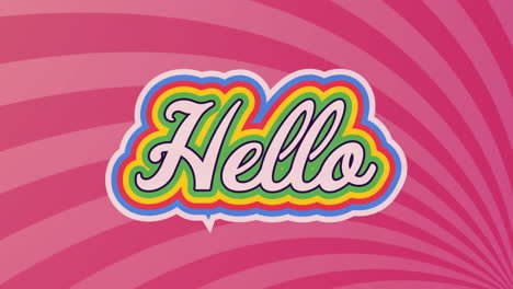 Animation-of-hello-text-banner-over-radial-rays-in-seamless-pattern-on-pink-background