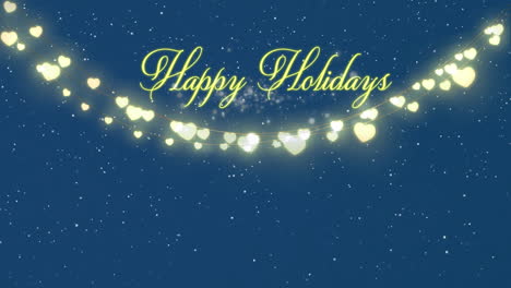 Animation-of-white-particles-over-happy-new-year-text,-heart-shaped-fairy-lights-on-blue-background