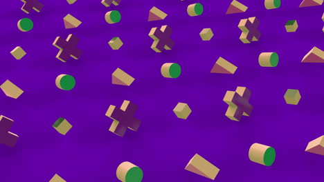 Animation-Von-3D-Formen-Und-Violetten-Und-Blauen-Wirbeln-Auf-Gelbem-Und-Violettem-Hintergrund