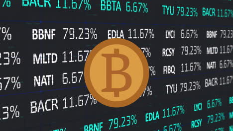 Animation-of-bitcoin-over-shapes-and-stock-market-on-black-background