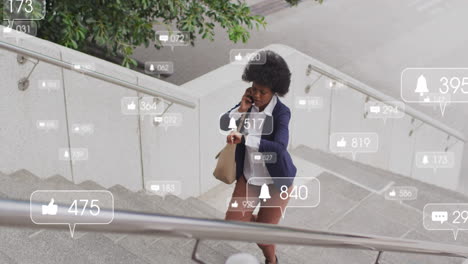 Animation-Der-Datenverarbeitung-In-Sozialen-Medien-über-Eine-Afroamerikanische-Frau,-Die-In-Der-Stadt-Ein-Smartphone-Benutzt