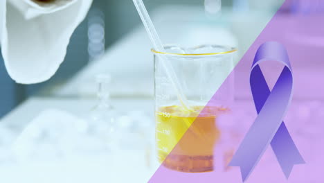 Animation-of-purple-ribbon-icon-against-mid-section-of-scientist-working-at-laboratory